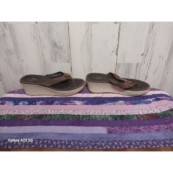 OLUKAI ~ Women's “Melia” Brown Leather Wedge Platform Flip Flop Sandals Size 8 - Picture 7 of 8